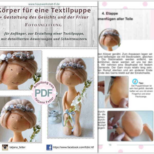 Anleitung PDF "Körper für eine Textilpuppe", Stoffpuppe Schnittmuster Puppe nähen download