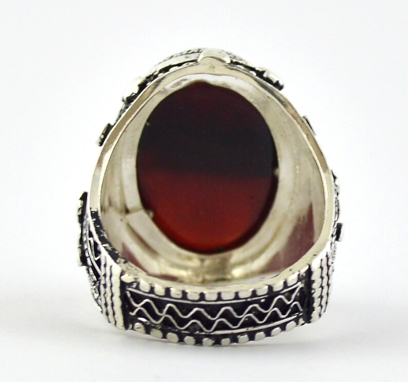 Muslim Jewelry Yemen Kabdi Dark Red Aqeeq Aqiq Agate Carnelian Stone Set on Yemeni Sterling Silver Men Ring