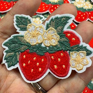 Può includere: Toppa ricamata a forma di fragola con due fragole rosse, foglie verdi e fiori gialli. La toppa ha un bordo bianco, adatta per abbigliamento o progetti artigianali.