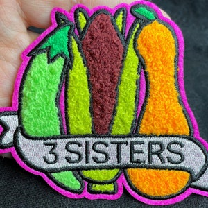 May include: A pink, green, yellow, and brown embroidered patch with three vegetables and the text "3 SISTERS".