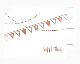 Postkarte "Happy Birthday Girlande" kupfer/roségold