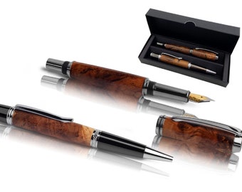 Set of handmade wooden fountain and ballpoint pens - handcrafted from fine woods of your choice ! Made in Germany - free shipping worldwide