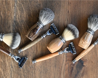 Edelholz - Rasierer und Pinsel SET, handgefertigt, Rasierer mit Gillette Mach3 Klingen und Pinser mit echtem Dachshaar oder veganen Borsten