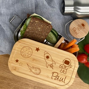 Lunch box / drinking bottle space personalized, stainless steel with bamboo, lunch box | Snack box with name