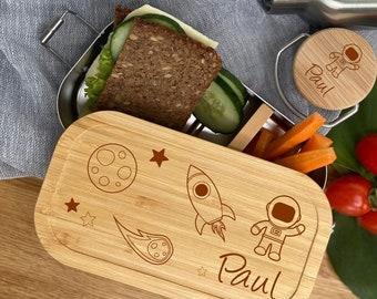 Brotdose / Trinkflasche Weltall personalisiert,  Edelstahl mit Bambus, Lunchbox | Vesperdose mit Name