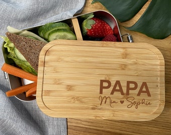 Brotdose "PAPA" mit den Namen der Kinder, Edelstahl mit Bambus, Lunchbox, Vatertagsgeschenk