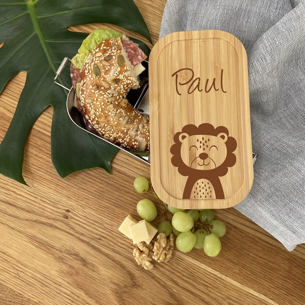 Brotdose personalisiert Löwe | Edelstahl mit Bambus | Lunchbox  | Vesperdose mit Name