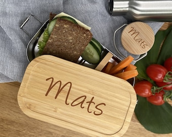 Brotdose / Trinkflasche personalisiert, Edelstahl mit Bambus, Lunchbox, viele Motive zur Auswahl | Vesperdose mit Name