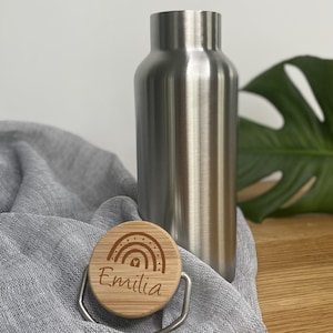 Drinking bottle personalized, stainless steel with bamboo | rainbow