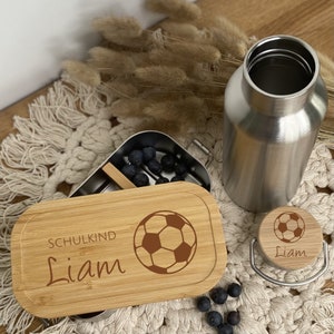 Lunch box / drinking bottle football personalized, stainless steel with bamboo, lunch box | Snack box with name