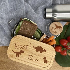 Lunch box / drinking bottle Dino personalized, stainless steel with bamboo, lunch box | Snack box with name