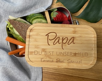 Brotdose "Papa du bist unser Held" , Edelstahl mit Bambus, Lunchbox,