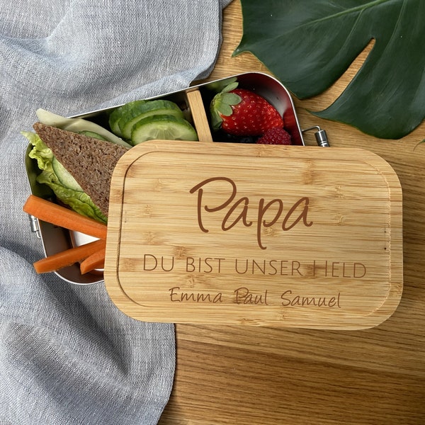 Brotdose "Papa du bist unser Held" , Edelstahl mit Bambus, Lunchbox,