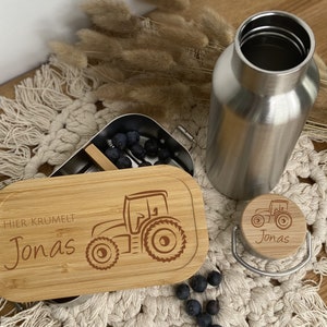 Lunch box / drinking bottle tractor personalized, stainless steel with bamboo, lunch box | Snack box with name