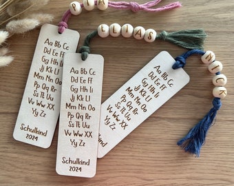 Lesezeichen Alphabet 2026 personalisiert mit Name | ABC | Holz mit Band und Holzperlen