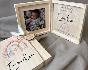 Taufe Holzbox mit Bilderrahmen | Personalisiert mit Name und Taufdaten | 35 Motive | Geschenkidee