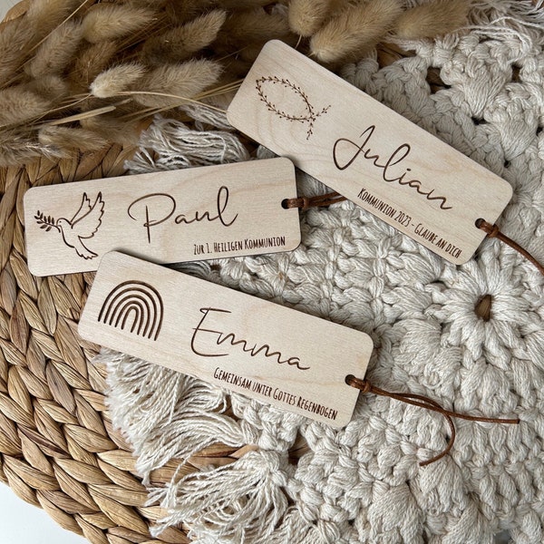 Wooden bookmark communion with name & motif