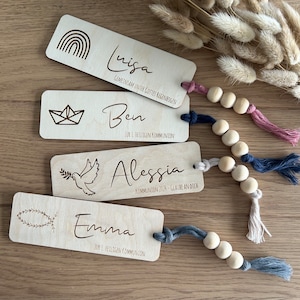 Wooden bookmark communion with name & motif | Personalized | Includes ribbon and wooden beads