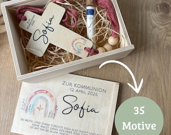 Kommunion Geschenkset mit Name | 35 Motive | Personalisierte Holzbox mit Kreuz | Geldgeschenk