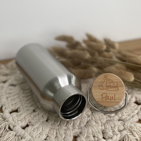 Trinkflasche Bagger | Personalisiert Mit Name | Edelstahl Mit Bambus - Etsy