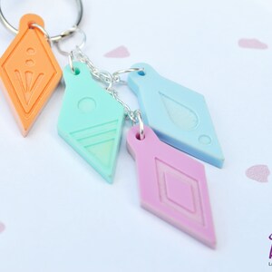 Peut inclure: Quatre porte-cl&eacute;s en forme de diamant de couleurs diff&eacute;rentes avec des motifs diff&eacute;rents. Les porte-cl&eacute;s sont attach&eacute;s &agrave; une cha&icirc;ne argent&eacute;e et &agrave; un anneau argent&eacute;. Les porte-cl&eacute;s sont orange, bleu clair, bleu et rose.