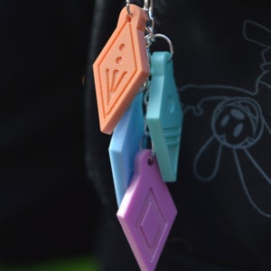 Peut inclure: Un ensemble de quatre porte-cl&eacute;s g&eacute;om&eacute;triques color&eacute;s. Les porte-cl&eacute;s sont en forme de diamants et sont en plastique. Les porte-cl&eacute;s sont attach&eacute;s &agrave; un anneau de cl&eacute; argent&eacute;.