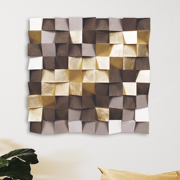 Wood wall art sculpture with a seam of gold leaf. 3d abstract wall hanging with hand painted cubes. Acoustic sound diffuser.