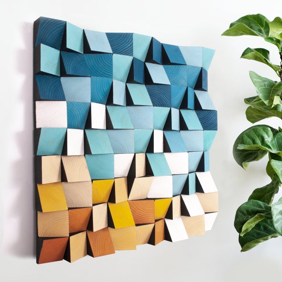 Teal Abstract 3D Wall Art - Wooden Wall Decor - Framed Wood Wall Hanging-  Home Office Decor