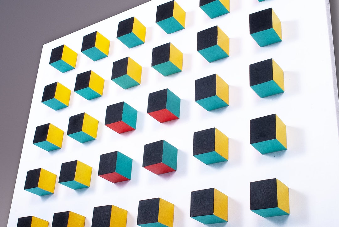 Geometric 3D Wooden Wall Art Sculpture. Hand Painted Cube Installation ...