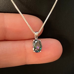 Tiny Mystic Topaz Necklace, Sterling Silver Oval Cut Pendant, Rainbow Topaz Necklace