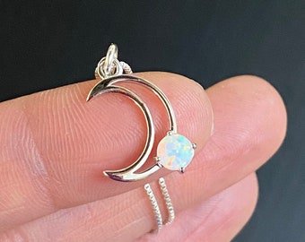Sterling Silver Crescent Moon Necklace, Lab Opal Celestial Charm