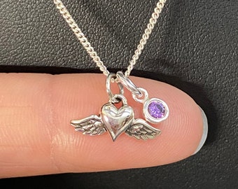 Sterling Silver Winged Heart Necklace, Birthstone Memorial Jewelry