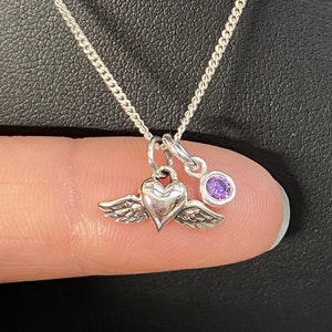 Tiny Wing Heart Necklace, Miscarriage Necklace, Infant Loss Necklace, Sterling Silver Angel Wing Birthstone Necklace, Memorial Jewelry