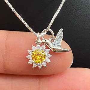 Hummingbird Necklace, Daisy Necklace, Small Sterling Silver Daisy Pendant, Citrine Flower Necklace, April Birth Flower Necklace