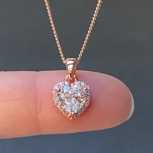 Rose Gold CZ Heart Necklace, Art Nouveau Sterling Silver Dainty Necklace, Gift For Daughter, April Birthstone Jewelry, Clear CZ Pendant