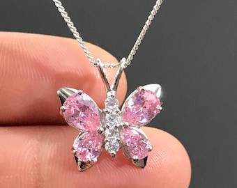 Pink Butterfly Necklace, Sterling Silver Pink CZ Pendant, October Birthstone Necklace, Pink Butterfly Pendant