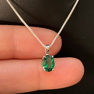 Tiny Emerald CZ Necklace, Sterling Silver Oval Cut Pendant, May Birthstone Necklace