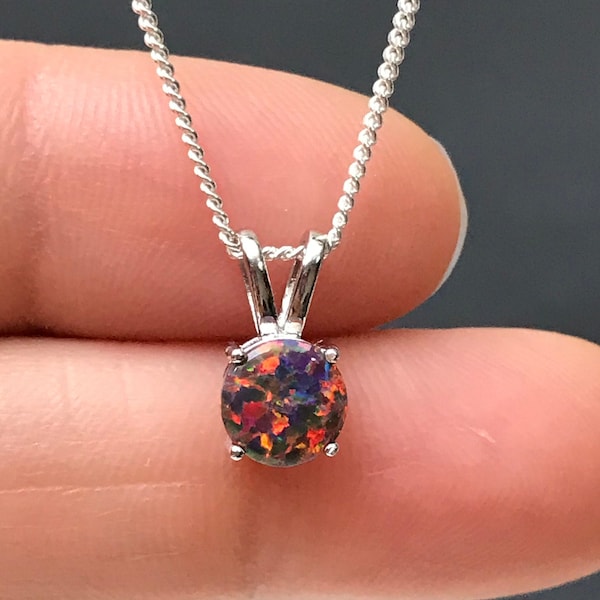 Black Rainbow Opal Necklace, Sterling Silver Round Black Opal Pendant, Minimalist Dainty Opal Necklace, October Birthstone Jewelry,