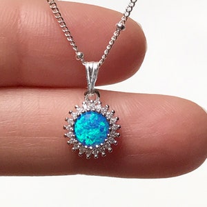 Opal Starburst Necklace, Sterling Silver October Birthstone Jewelry, Minimalist Blue Opal Pendant Necklace