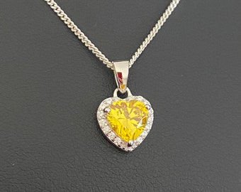 Citrine CZ Heart Necklace, Art Nouveau Sterling Silver Dainty Necklace, Gift For Daughter, November Birthstone Jewelry, Citrine CZ Pendant