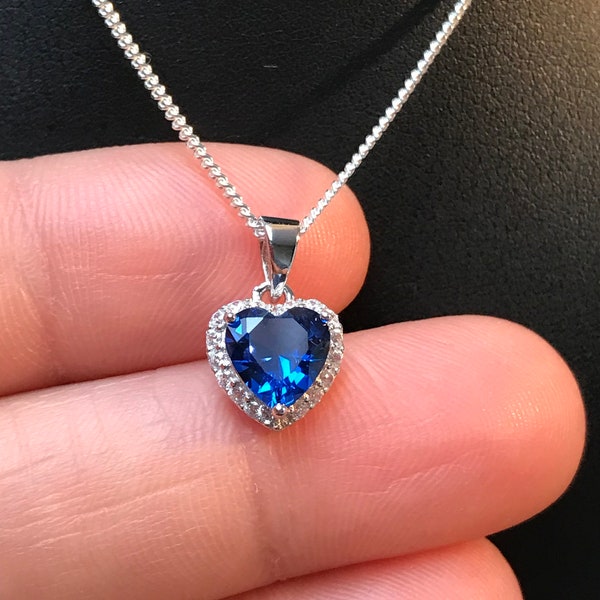 Blue Sapphire Heart Necklace, Sterling Silver September Birthstone Necklace, Sapphire Heart Pendant