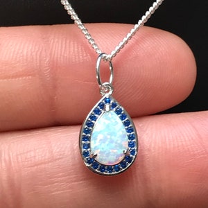 White Fire Opal Necklace, Blue Sapphire Necklace, Sterling Silver Necklace, Bridal Necklace, Pear Opal Pendant, Opal Jewelry, October