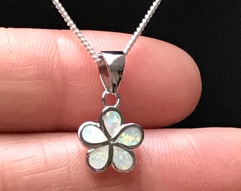 White Opal Plumeria Necklace, Sterling Silver Opal Flower Necklace, Opal Jewelry, Opal Pendant, Plumeria Pendant