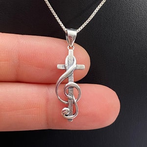 Treble Clef Cross Necklace, Sterling Silver Music Notes Pendant, Music Lover Jewelry, Gift For Musician, Gospel Singer Gift