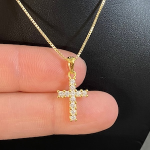 Gold Cross Necklace, Small CZ Cross Charm Pendant, Dainty Minimalist Gold Vermeil Necklace