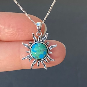 Turquoise Sun Necklace, Small Sterling Silver Turquoise Sun Pendant, December Birthstone Jewelry, Gift For Her