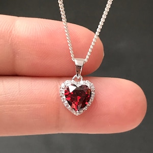 Garnet Heart CZ Necklace, Art Nouveau Sterling Silver Dainty Necklace, Gift For Daughter, January Birthstone Jewelry, Garnet Pendant