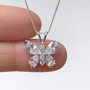 CZ Butterfly Necklace, Sterling Silver Butterfly Pendant, April Birthstone Necklace