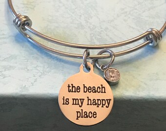 Beach Is My Happy Place Stainless Steel Bangle Bracelet, Birthstone Charm