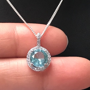 Aquamarine Halo Necklace, Sterling Silver March Birthstone Jewelry, Aquamarine Pendant,  Minimalist Dainty Bridal Necklace